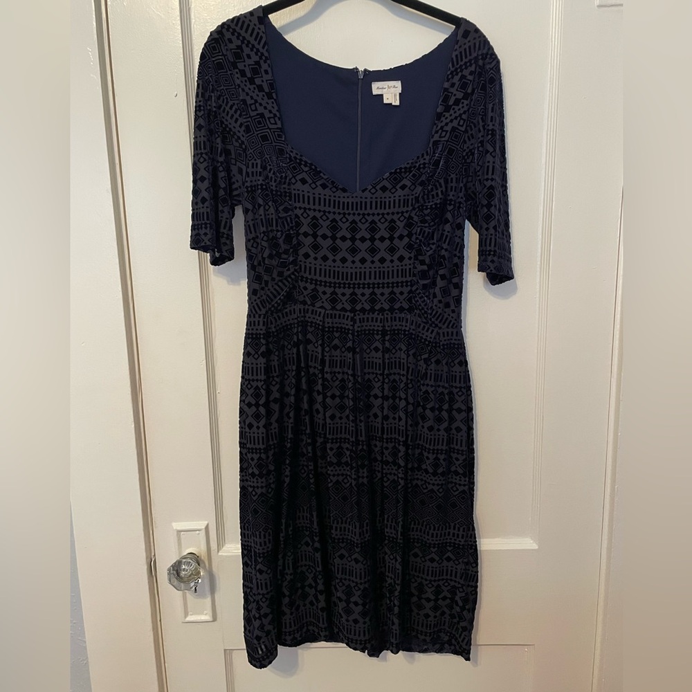 Anthro Meadow Rue Navy Velvet Patterned Dresss